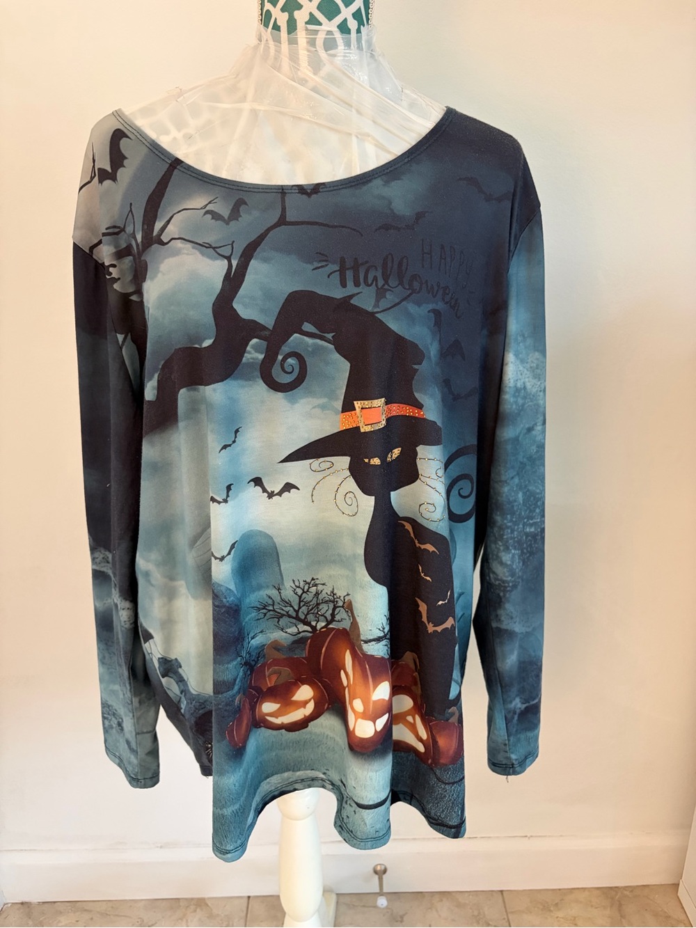 Halloween Graphic Long Sleeve Top - Black & Teal XXL